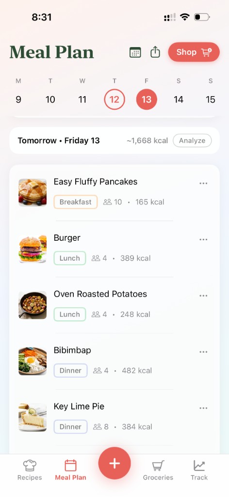 KitchUp meal planning view
